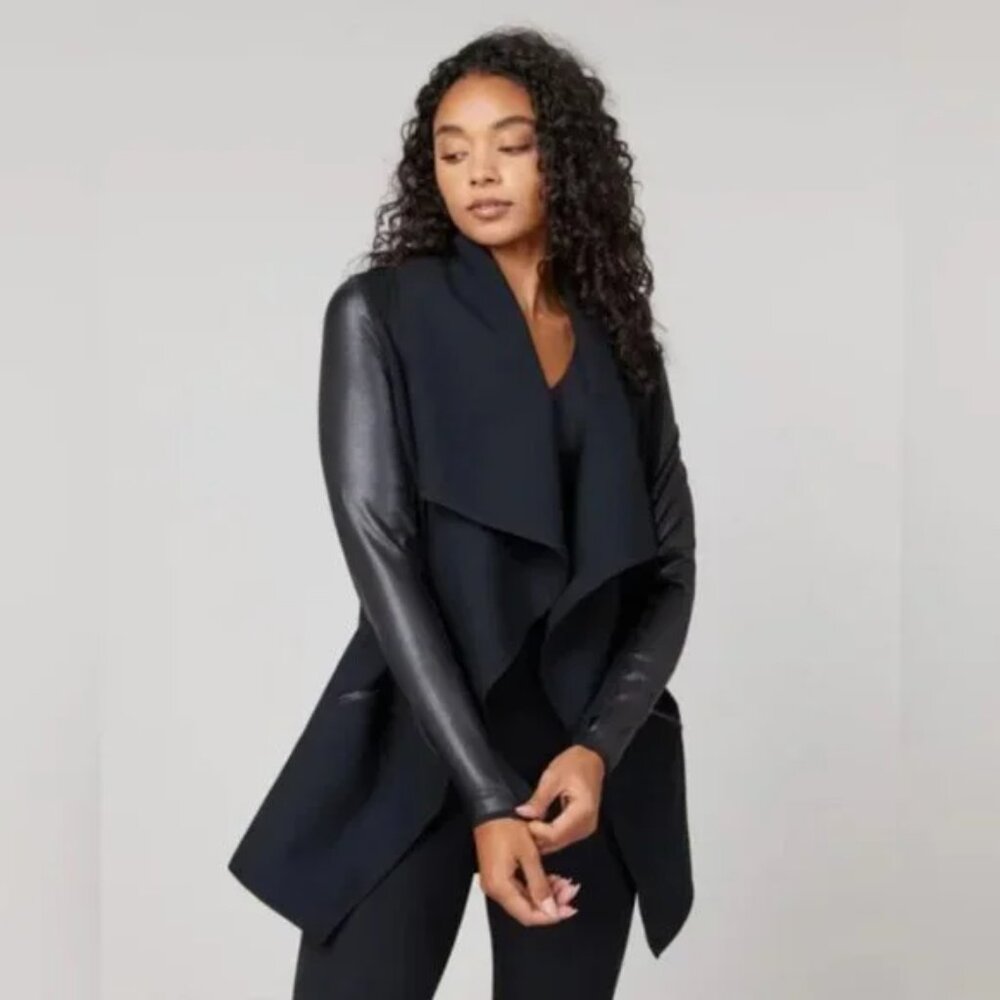 Spanx Faux Leather Sleeve Drape Front Jacket Black 3X Mixed Media Cardigan